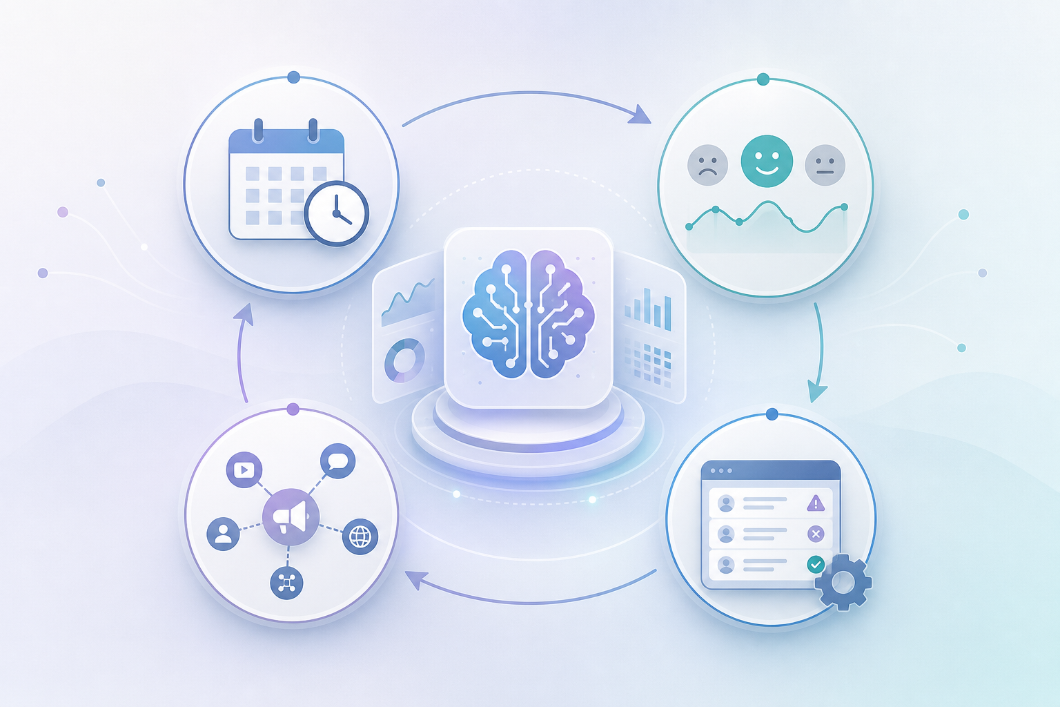 Four-layer AI reputation operating loop: monitor on a cadence, track sentiment, remediate sources, escalate to platforms