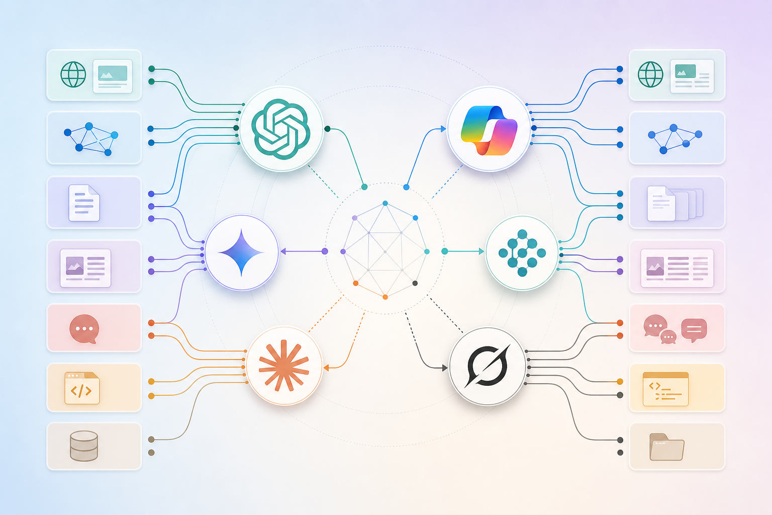 Diagram mapping ChatGPT, Copilot, Gemini, Perplexity, Claude and Grok to the search indexes and source types each one pulls brand facts from