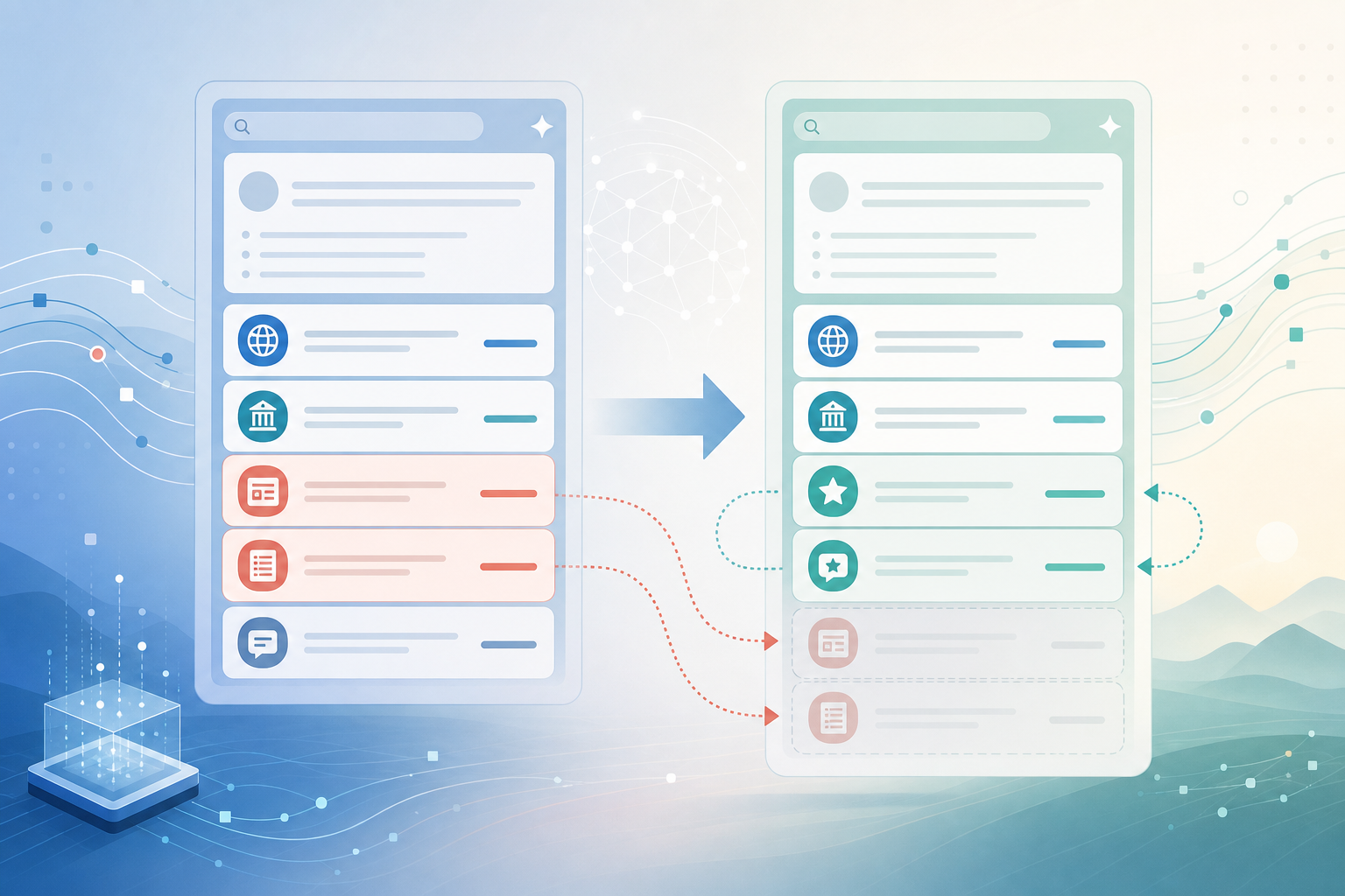 Side-by-side citation diff comparing top cited domains before and after an AI model update, with two aggregator listicles dropping out and review platforms entering the answer set