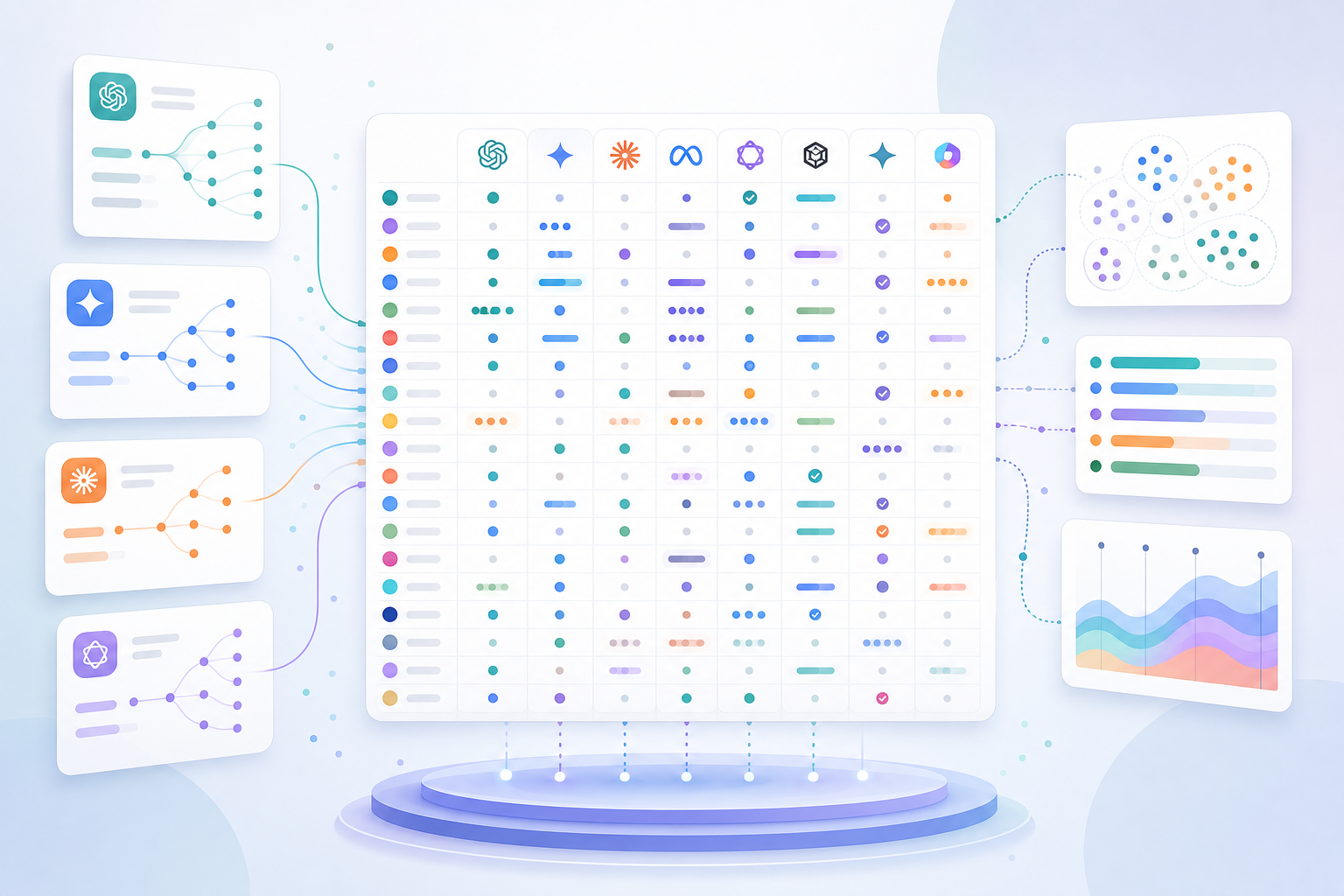 Recommendation-set matrix from MaxAEO tracking: 19 brands by eight platforms with mention rates for one buying prompt
