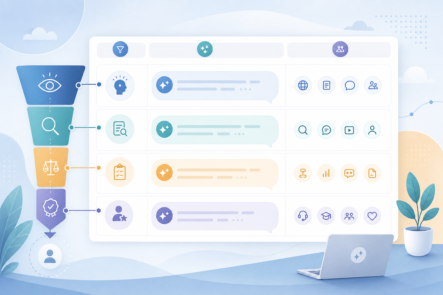 Table of buyer-journey funnel stages mapped to example AI prompts and their sources for a B2B SaaS prompt set