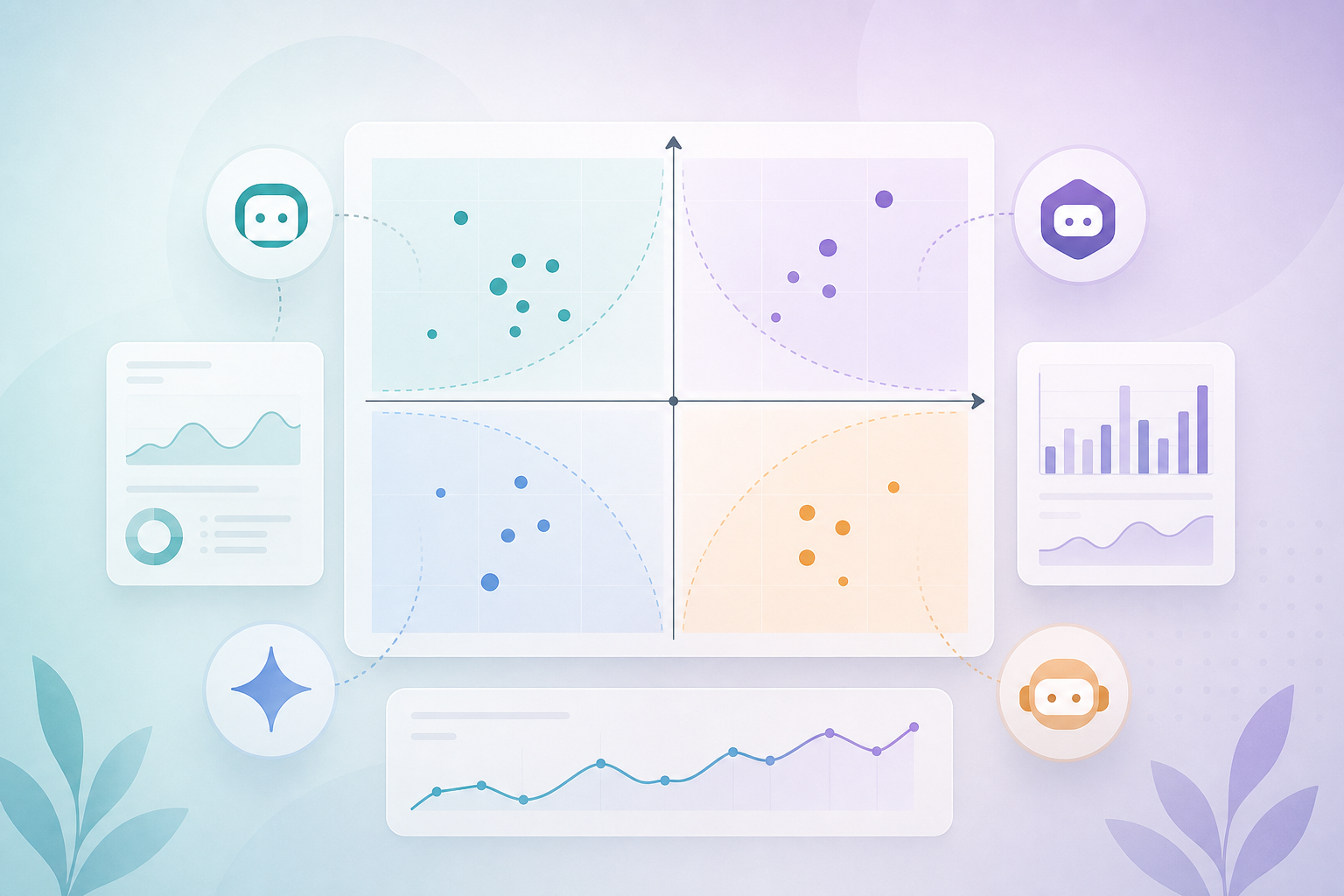 Quadrant chart pairing AI mention rate with GA4 AI referral sessions to diagnose visibility versus citability