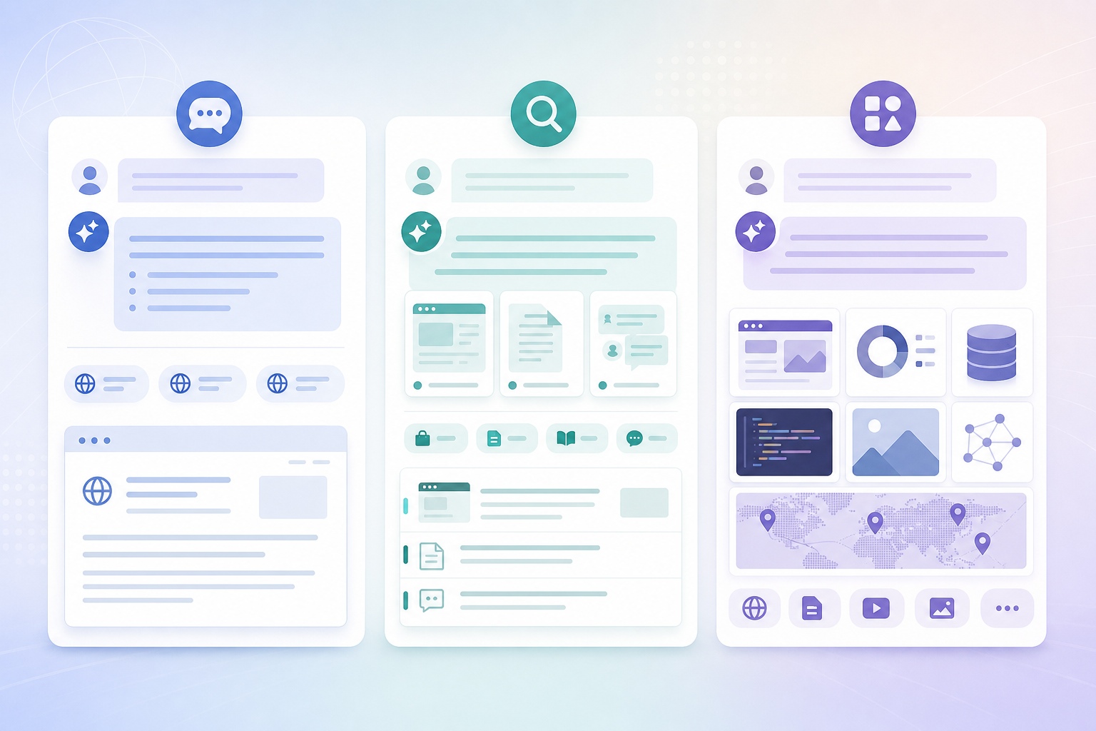 Side-by-side comparison of ChatGPT, Perplexity and Gemini answers citing different source types for the same B2B software prompt