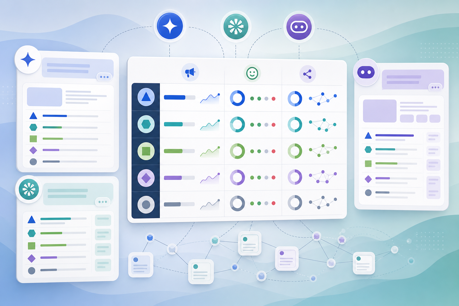 AI search competitor analysis scorecard comparing five SaaS brands by share of voice, sentiment, and citations across ChatGPT, Gemini, and Perplexity