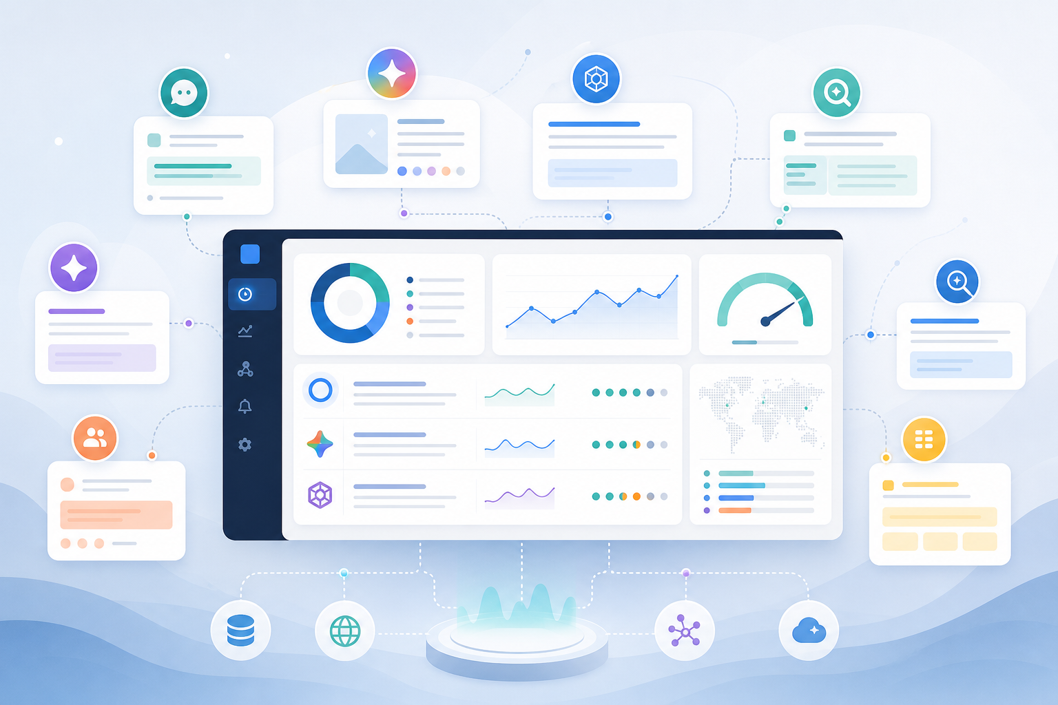 AI search monitoring report showing brand mentions in ChatGPT, Gemini, Perplexity, Claude, Copilot, Grok, Google AI Mode, and AI Overviews