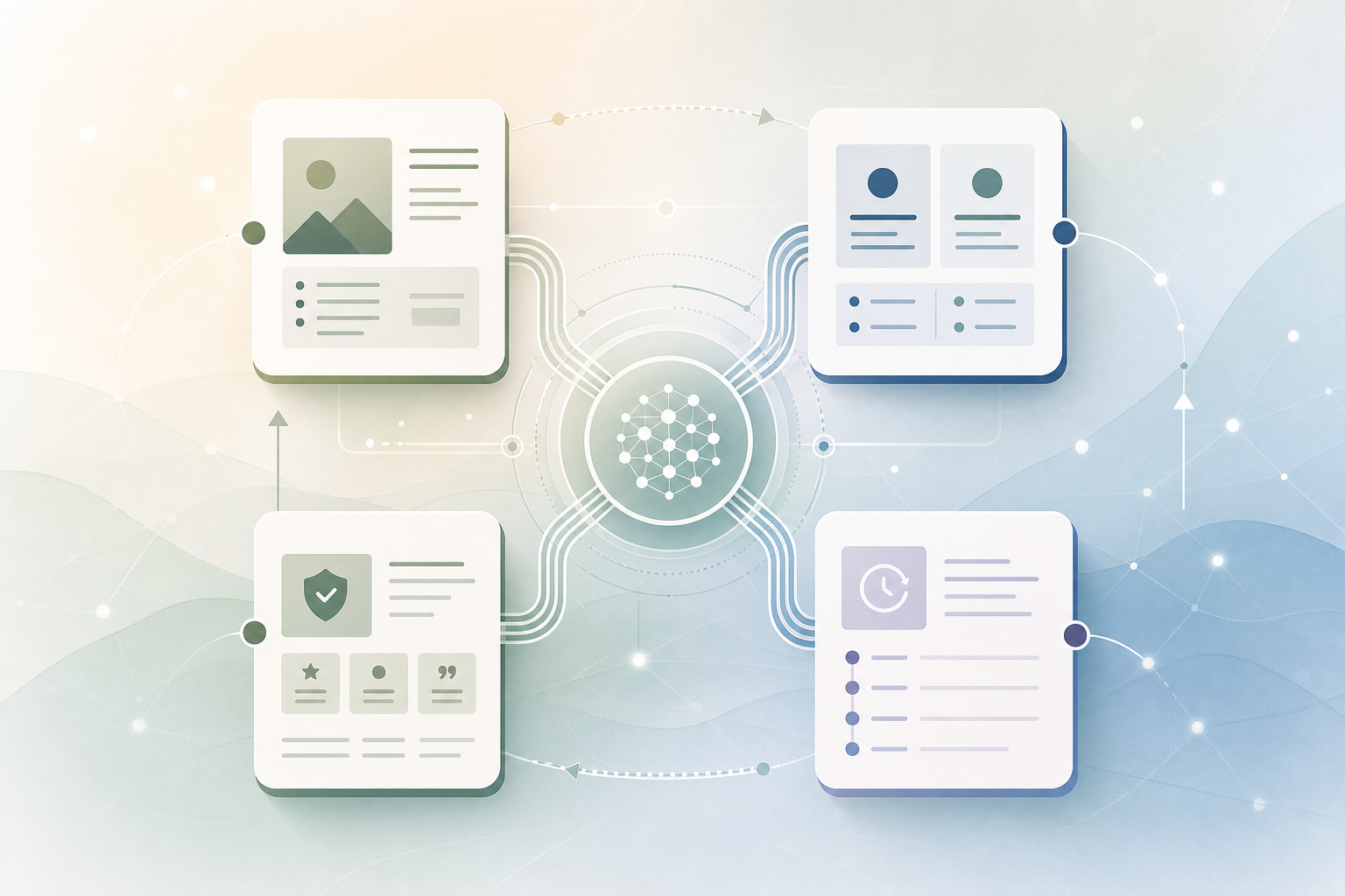 AI-ready brand content map connecting source-of-truth pages, comparison pages, proof pages, and update logs