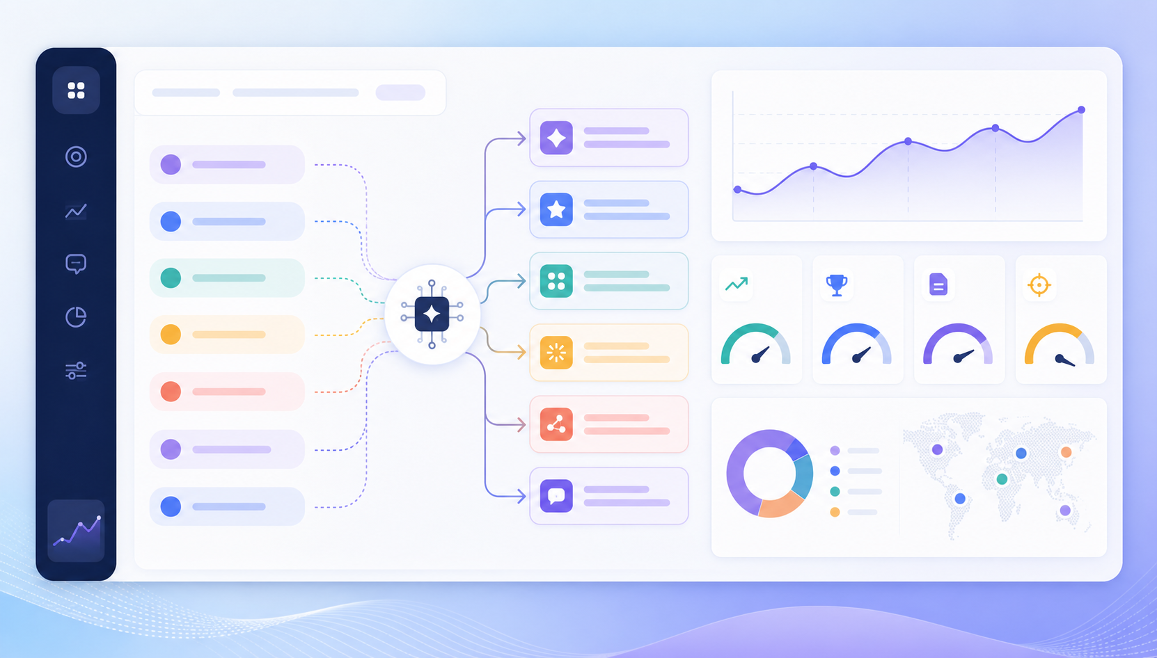 Dashboard screenshot showing SEO keywords to AI prompts conversion, mention rate, rank, citations and description accuracy