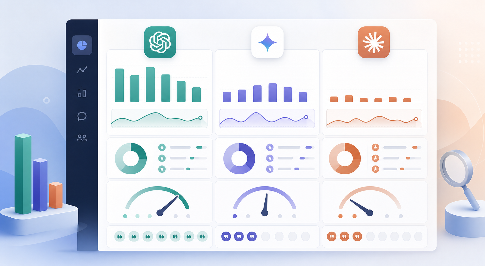 Dashboard comparing ChatGPT Gemini Claude brand mentions by platform, with mention rate, recommendation rank, citations and sentiment variance