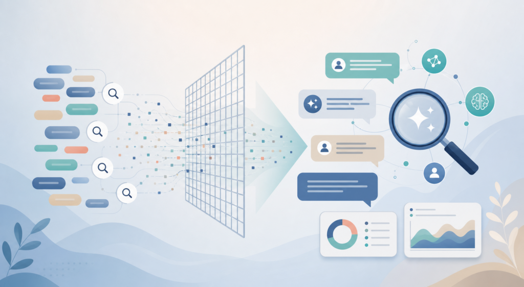 AI prompt research for SEO matrix showing keywords converted into buyer monitoring prompts