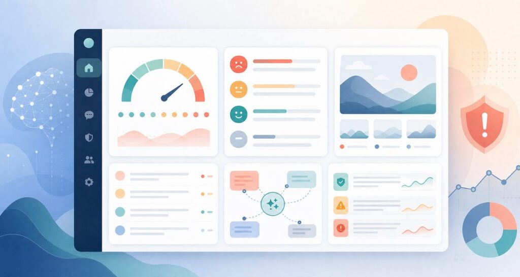 AI sentiment analysis for brands dashboard showing severity scores, prompt intent, AI citations, and answer screenshots