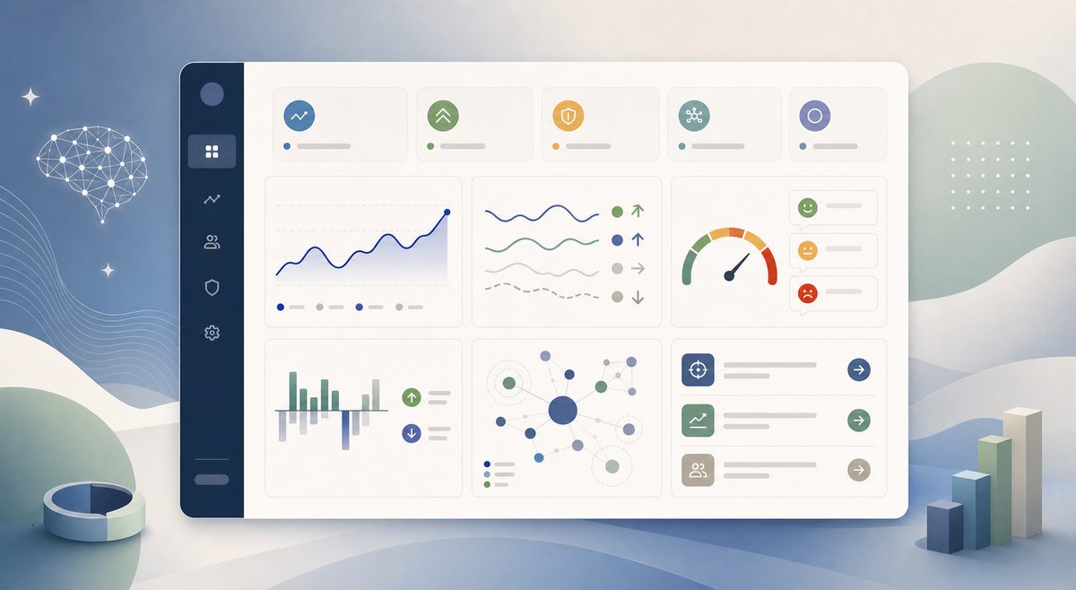 AI search reporting dashboard showing weekly visibility trend, competitor movement, sentiment risk, citation changes, and next actions