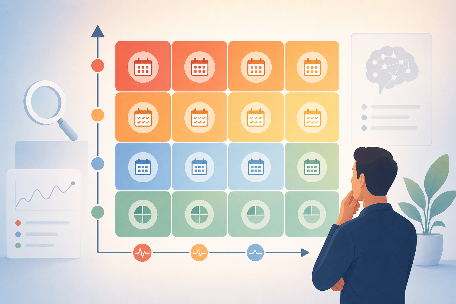 AI search monitoring frequency decision matrix showing daily, weekly, monthly, and quarterly cadence by volatility and business risk