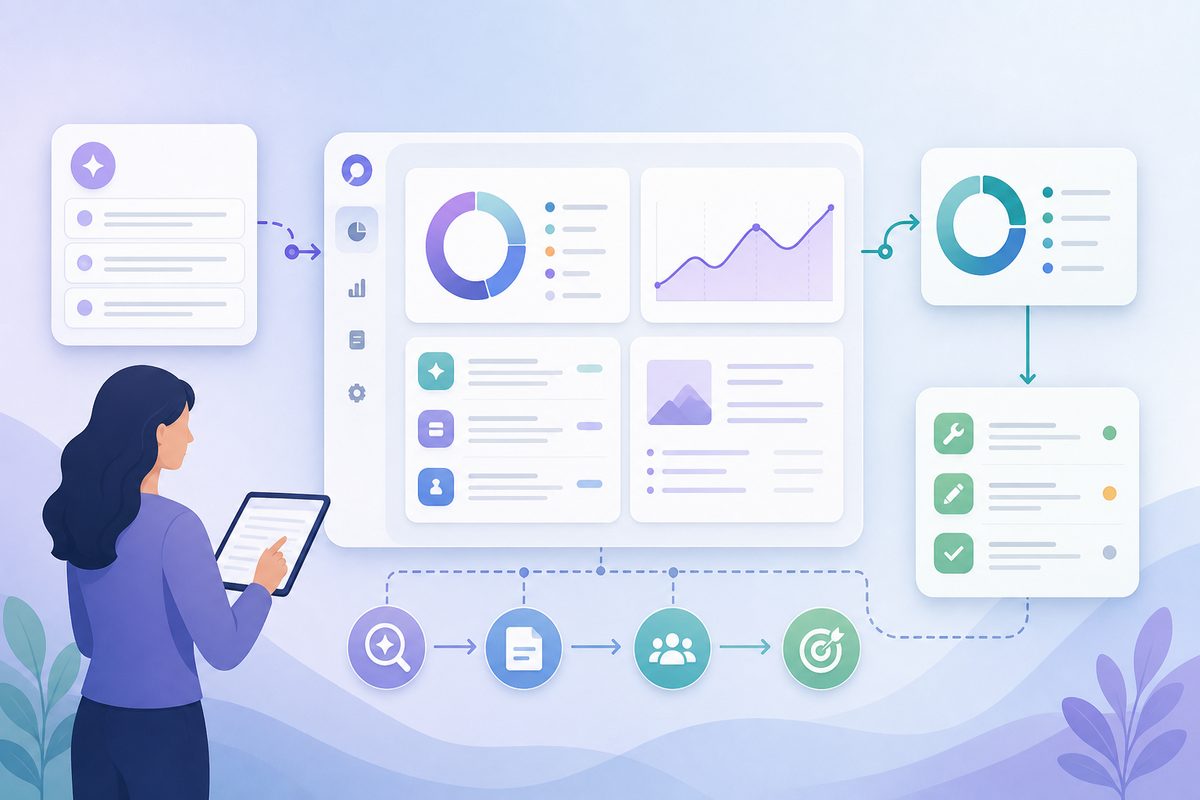 generative engine optimization workflow dashboard showing prompts, citations, competitor share of voice, and content fixes