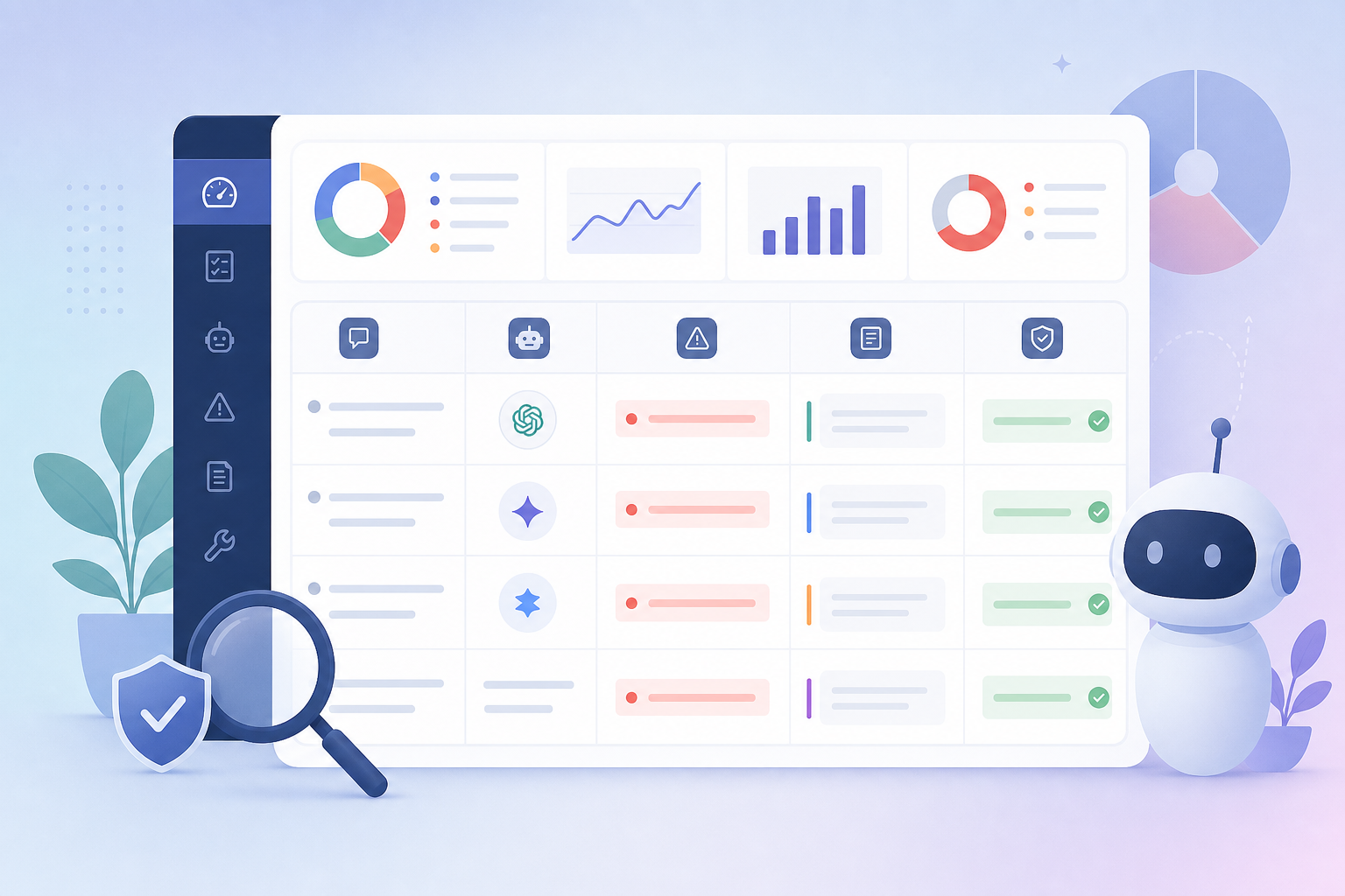 AI answer accuracy audit dashboard showing prompts, engines, incorrect claims, citations, severity, and source fixes