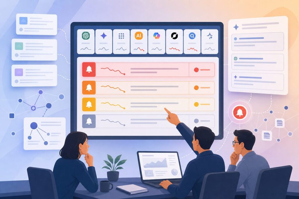 AI search alerts dashboard showing same-day severity thresholds for brand visibility drops