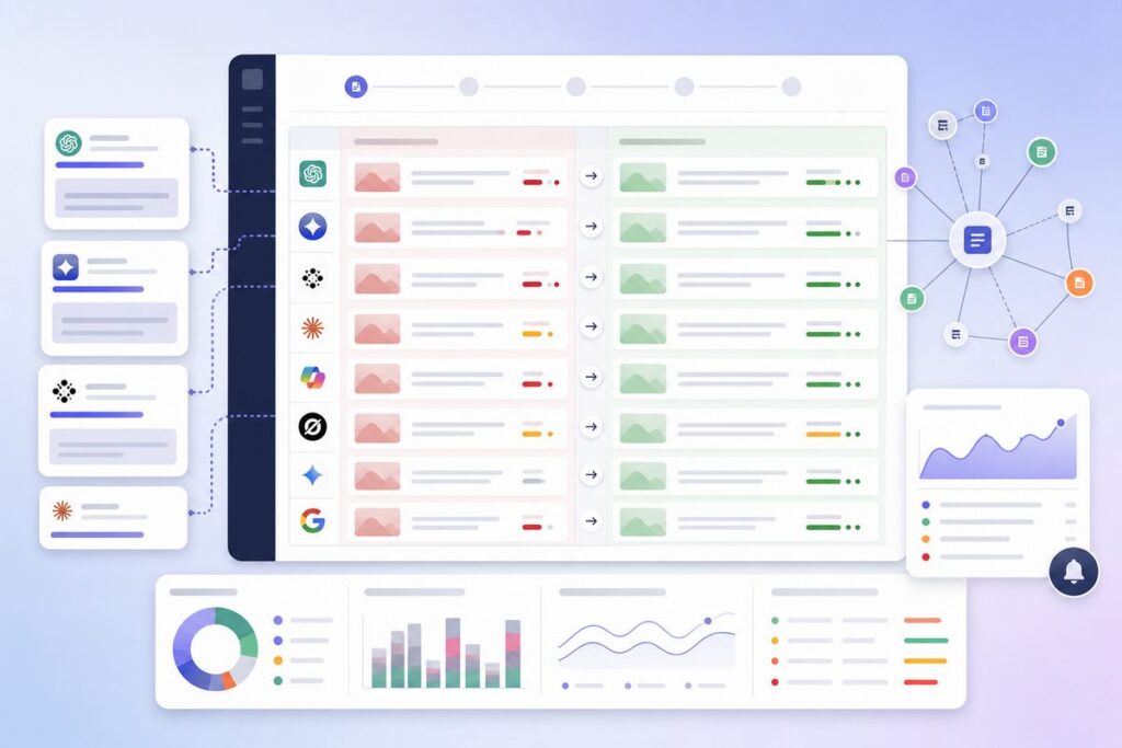 rebrand AI search checklist dashboard showing old and new brand facts by assistant