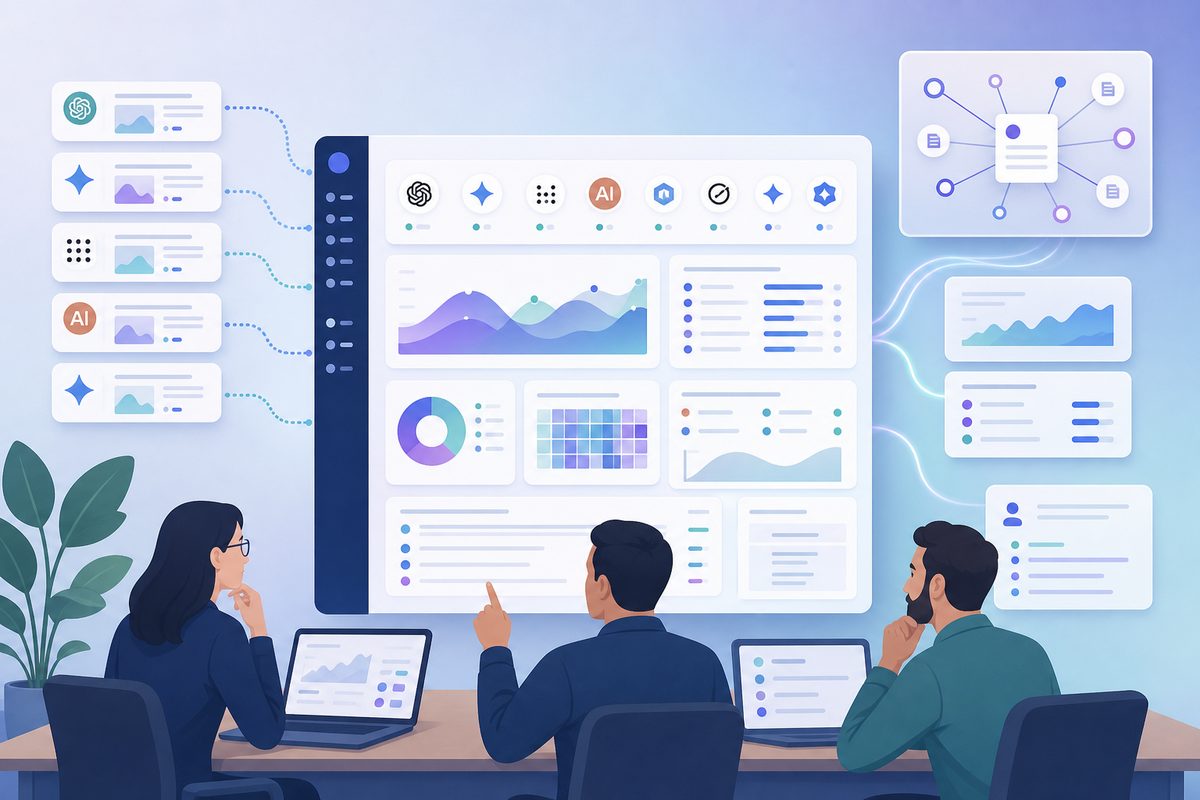 AI search attribution dashboard combining AI visibility, branded search, landing page behavior, and CRM notes