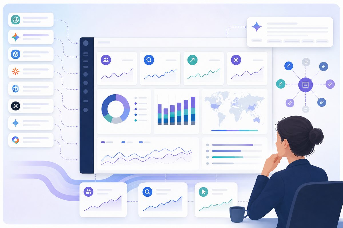AI referral traffic underreported dashboard showing referrers, branded search lift, direct sessions, and prompt visibility