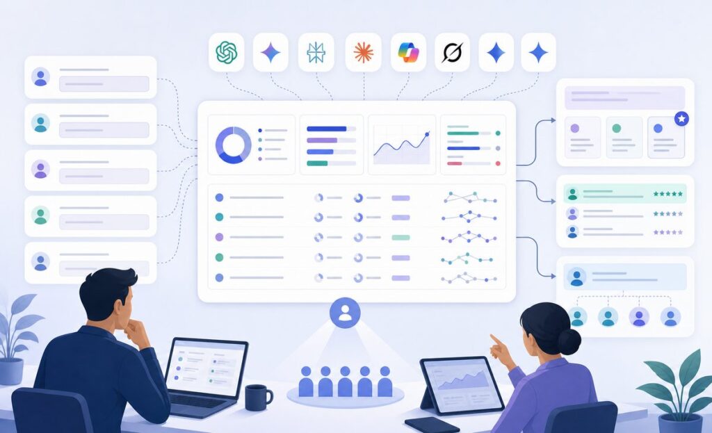 AI search CRM attribution dashboard showing buyer prompt fields, AI engines, vendor shortlists and opportunity influence