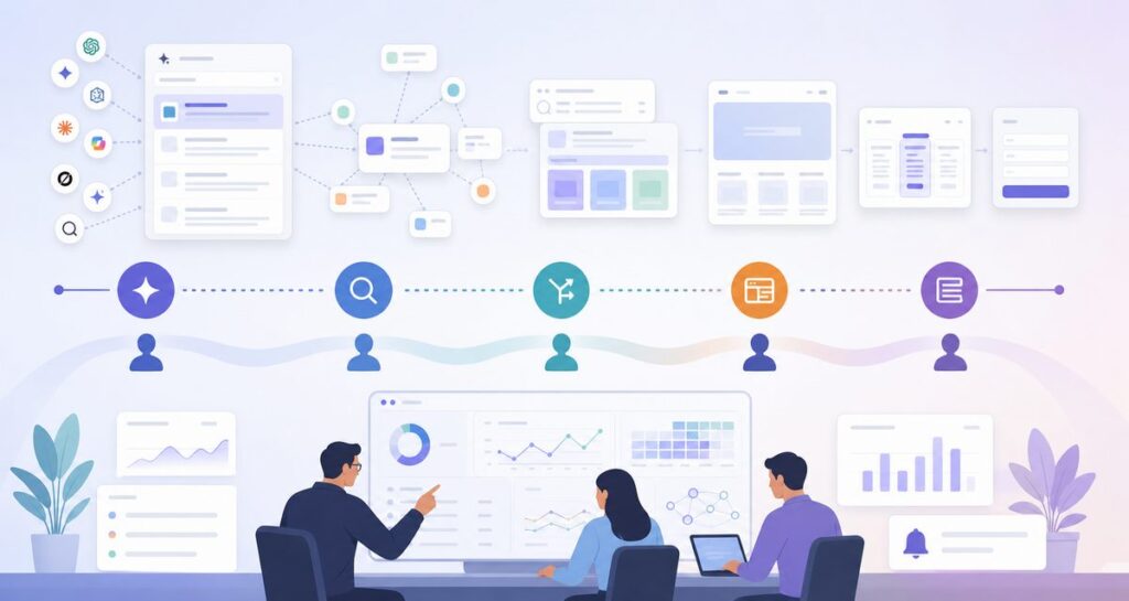 AI recommendation buyer journey map from answer exposure to branded search, comparison pages, pricing visits and demo requests