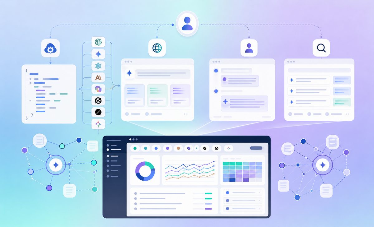 API vs web app AI answers monitoring matrix showing API outputs, public chat interfaces, logged-in experiences, and search-grounded citations