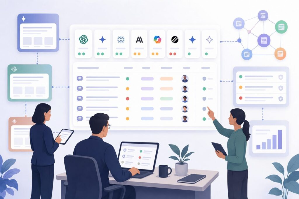AI search governance dashboard showing monitored prompts, answer accuracy, citations, owners, severity, and escalation status