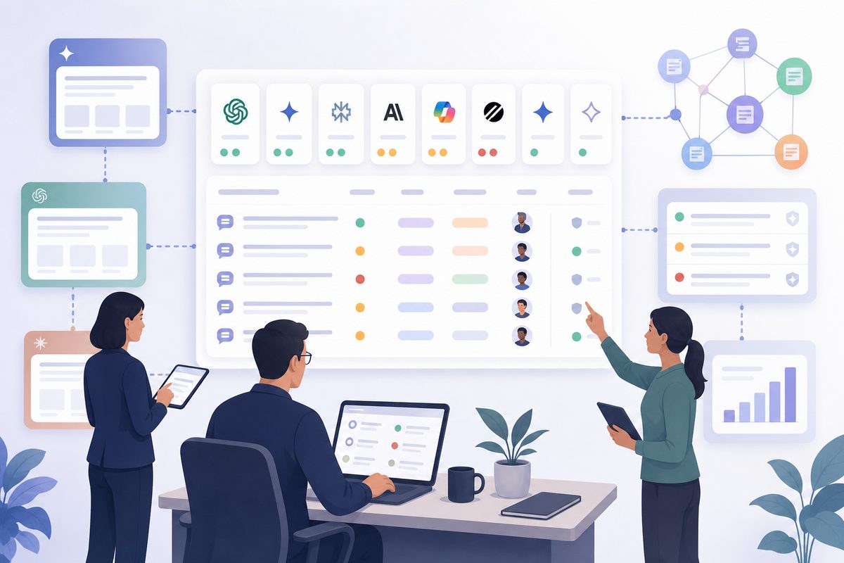 AI search governance dashboard showing monitored prompts, answer accuracy, citations, owners, severity, and escalation status