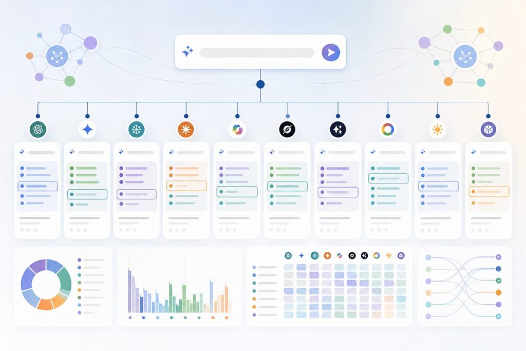Chart showing why AI search results change: one identical prompt producing different brand mentions across ten runs