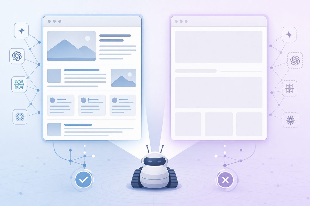 Side-by-side of a server-rendered page versus a client-side-rendered page as an AI crawler sees them, one full of text and one empty