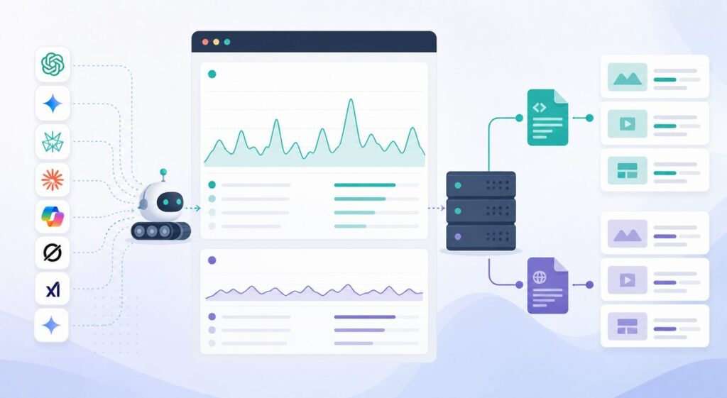 Server-log chart comparing AI crawler requests to llms.txt versus regular HTML pages