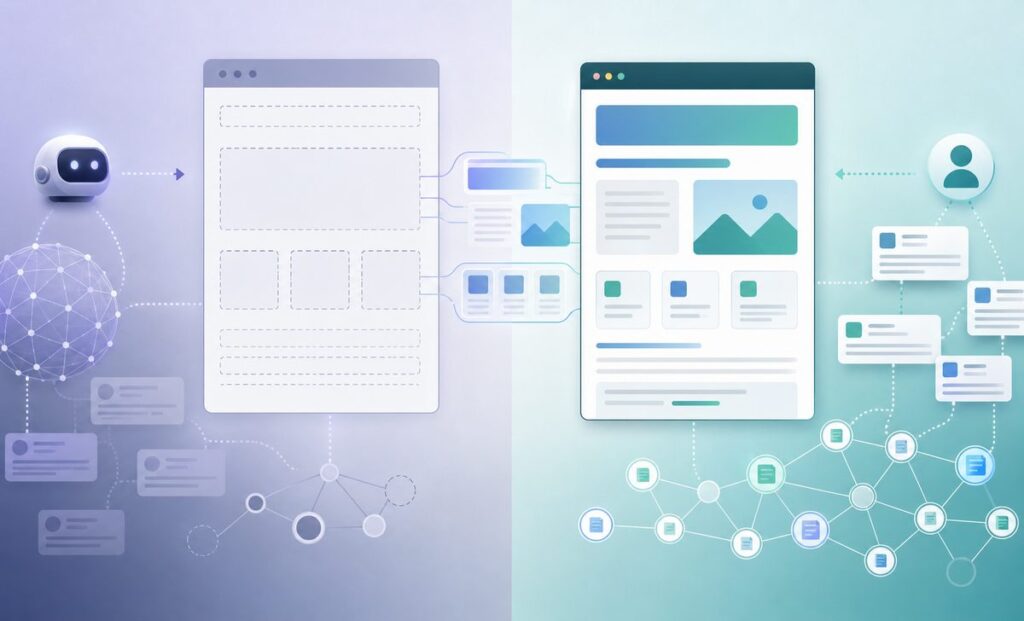 Diagram comparing the empty HTML shell an AI crawler receives against the fully rendered page a browser shows, illustrating JavaScript AI search visibility gaps