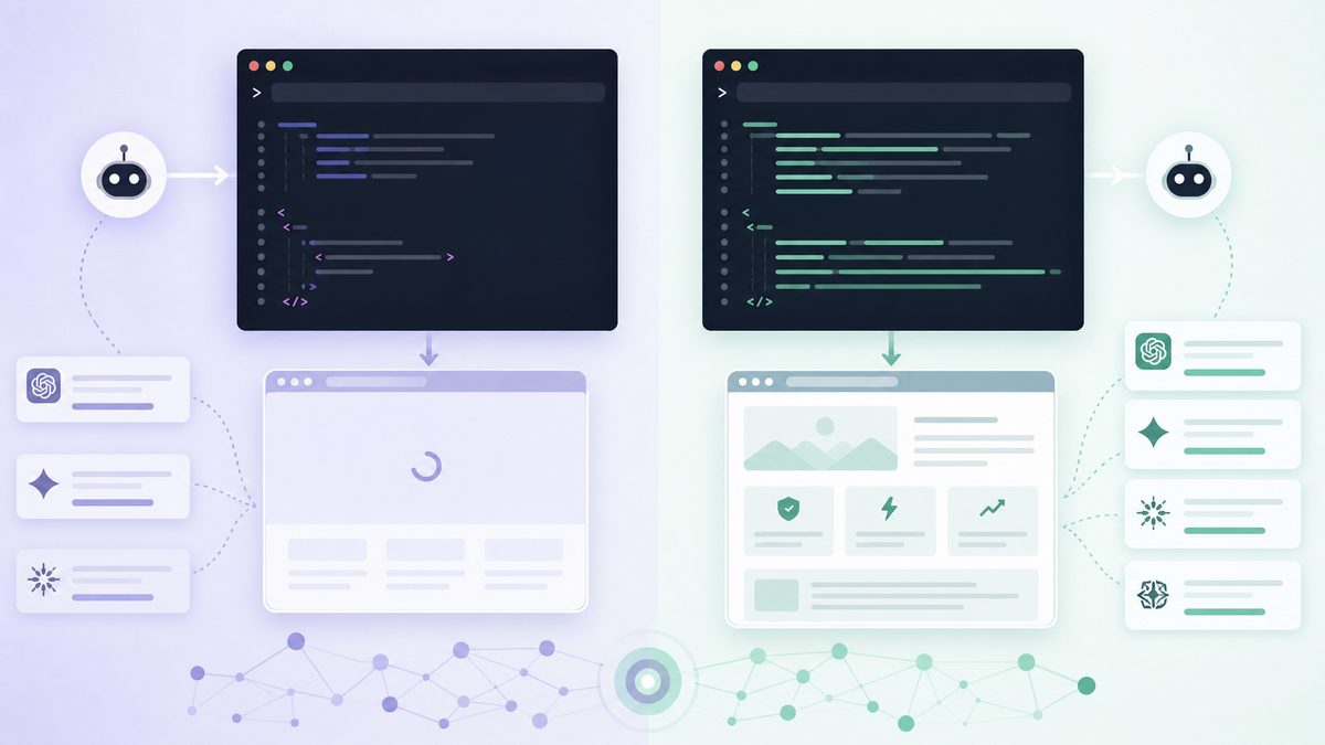 Side-by-side terminal output of a curl request returning an empty SPA shell next to a server-rendered page full of readable brand facts