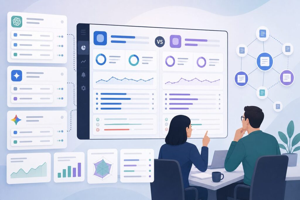 X vs Y AI search visibility dashboard tracking a brand against a named rival across ChatGPT, Perplexity, and Google AI Overviews