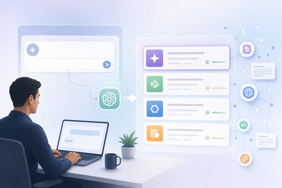 Buyer typing a job-to-be-done prompt into ChatGPT and getting a use-case AI search recommendations shortlist