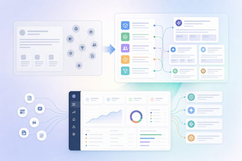 Entity SEO for AI search: a before-and-after brand fact block showing the five entity classes—products, categories, competitors, claims, and proof points