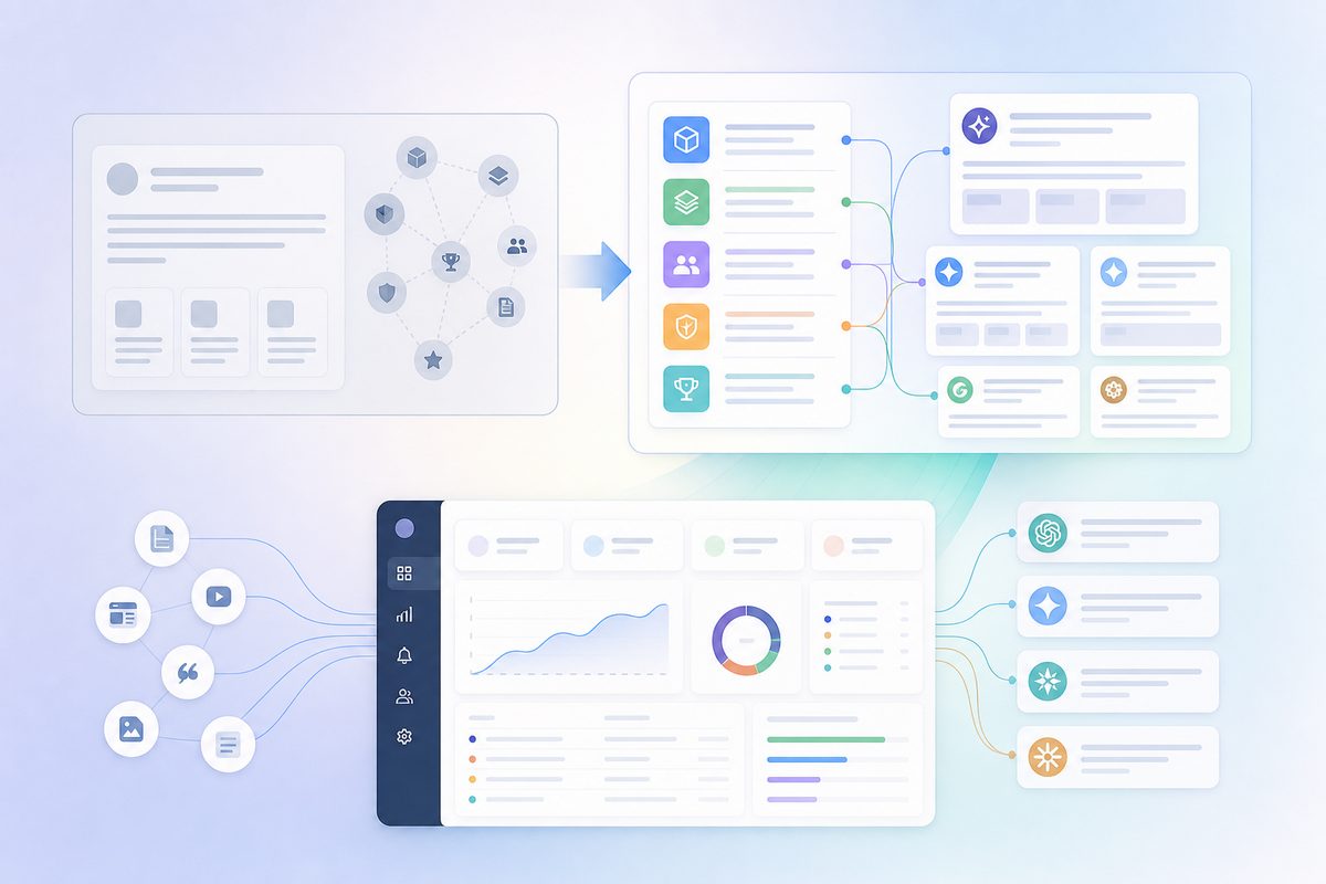 Entity SEO for AI search: a before-and-after brand fact block showing the five entity classes—products, categories, competitors, claims, and proof points