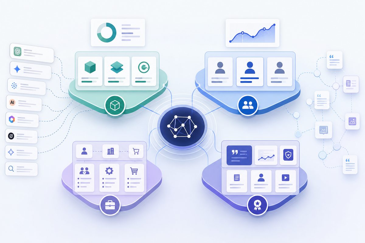 Brand entity mapping framework diagram showing four connected layers: products and category, competitors, use cases, and proof points