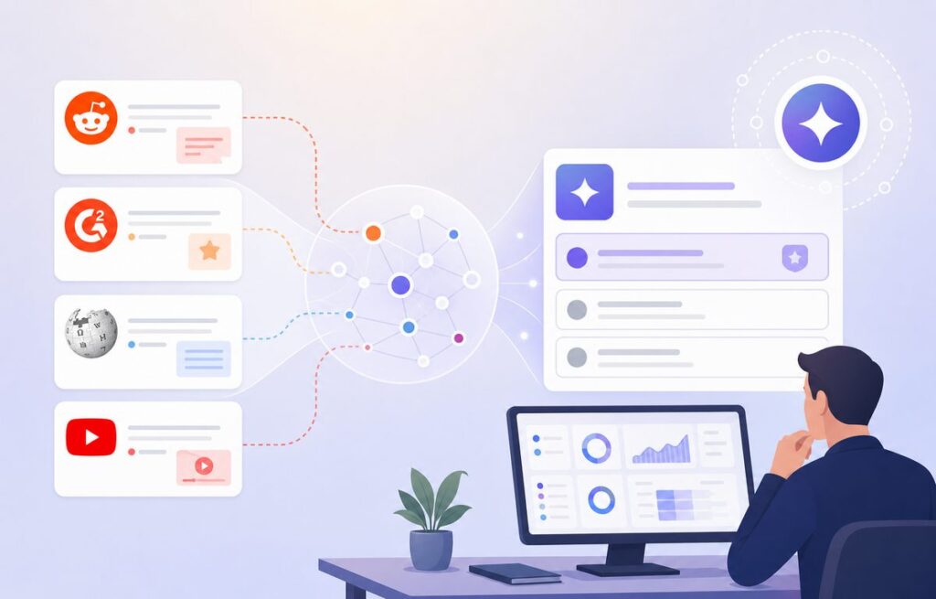 Off-site AI citations from Reddit, G2, Wikipedia, and YouTube feeding into an AI-generated brand recommendation