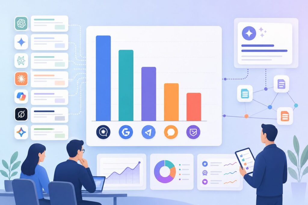 Bar chart of review-platform share of AI Overview citations: Gartner Peer Insights, G2, Capterra, Software Advice, TrustRadius