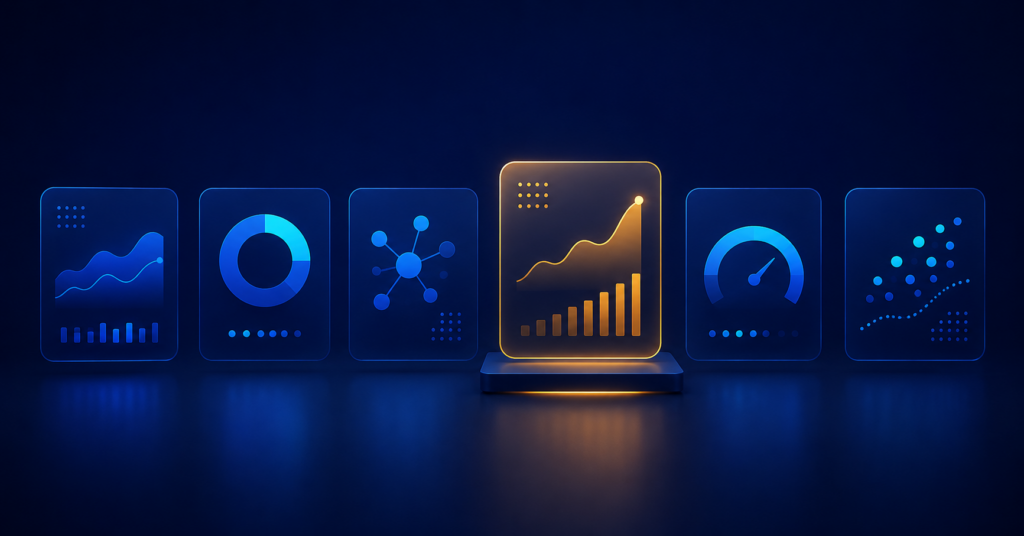 Six dashboard tiles with one elevated on a podium, representing a comparison of AI visibility tools.