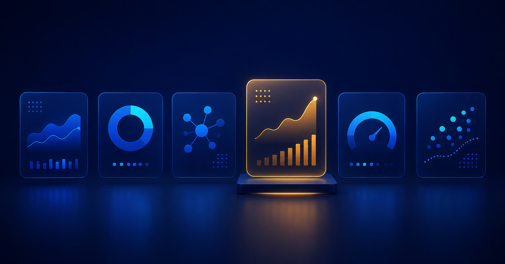 Six dashboard tiles with one elevated on a podium, representing a comparison of AI visibility tools.