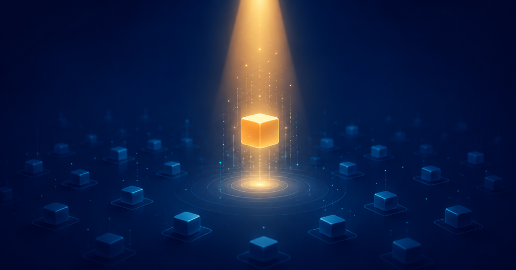 A node rising into a spotlight from a dim field, representing a brand getting discovered in AI search.