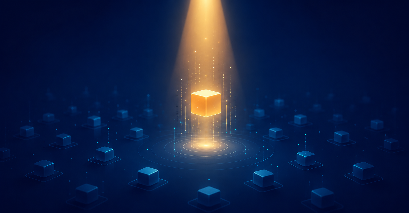 A node rising into a spotlight from a dim field, representing a brand getting discovered in AI search.