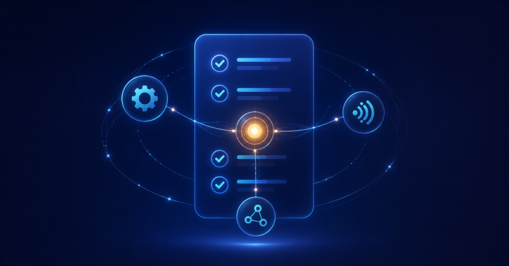 A checklist panel surrounded by gear, signal, and node icons, representing optimizing content for AI search.