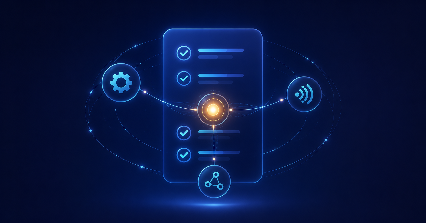 A checklist panel surrounded by gear, signal, and node icons, representing optimizing content for AI search.