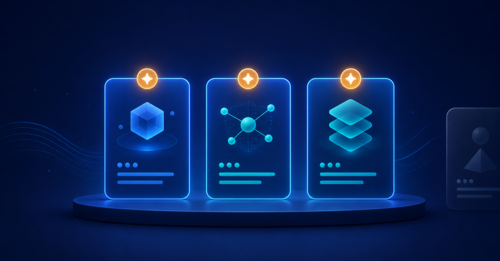 Three recommendation cards on a podium with a fourth pushed out of frame, representing a brand left out of AI recommendations.