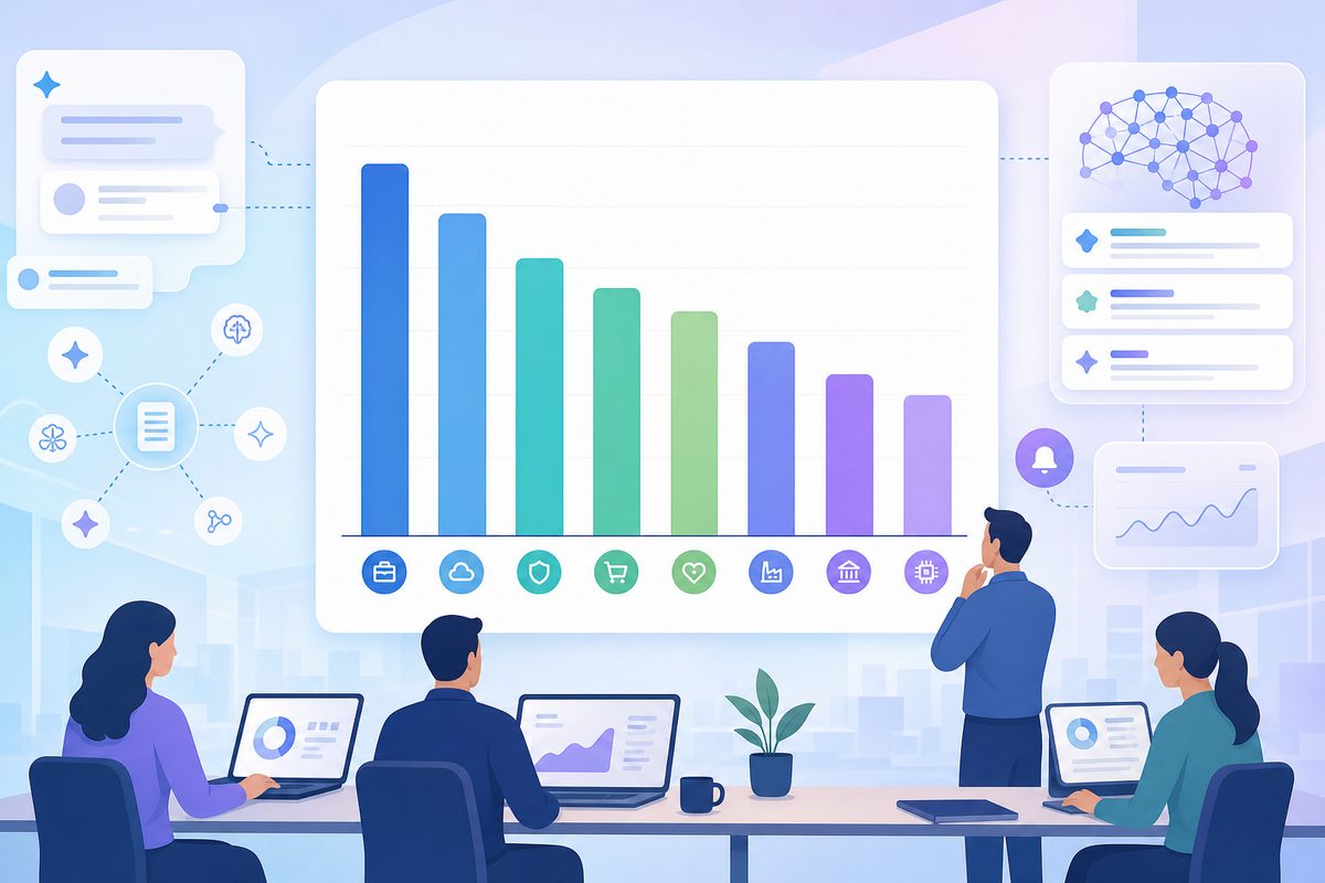 Bar chart comparing median AI mention rate across eight industries in 2026