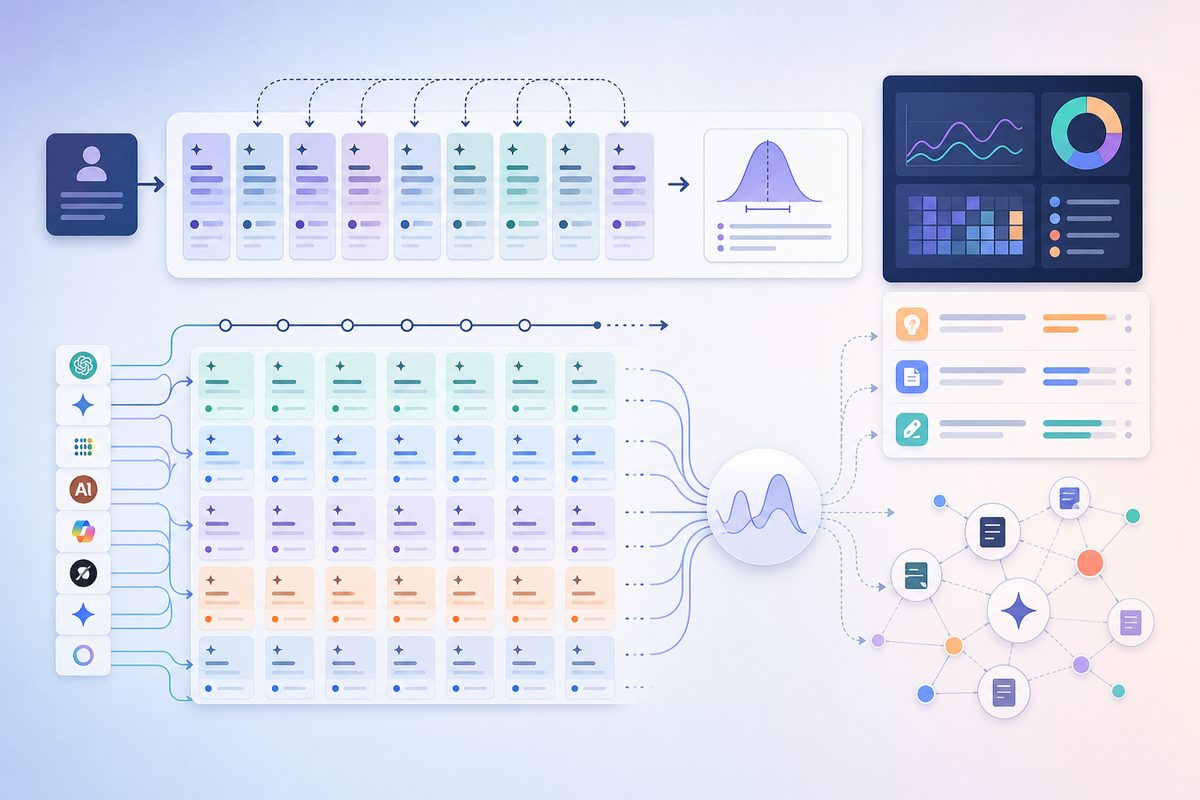 Methodology diagram showing the two-layer AI answer volatility study: 10 same-hour runs per prompt to measure noise, plus daily runs across 8 AI engines to measure drift