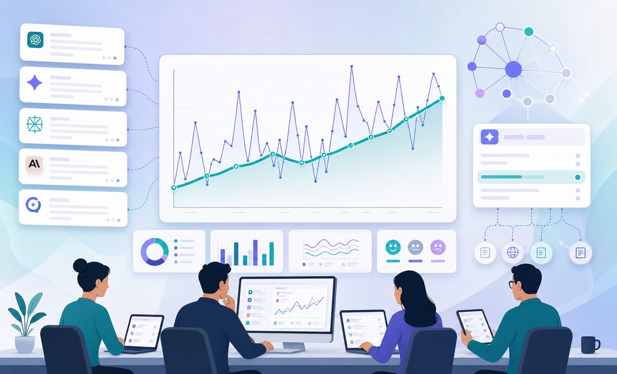 Line chart contrasting noisy daily AI answer volatility against a smoothed weekly brand mention trend rising from 48 to 61 percent