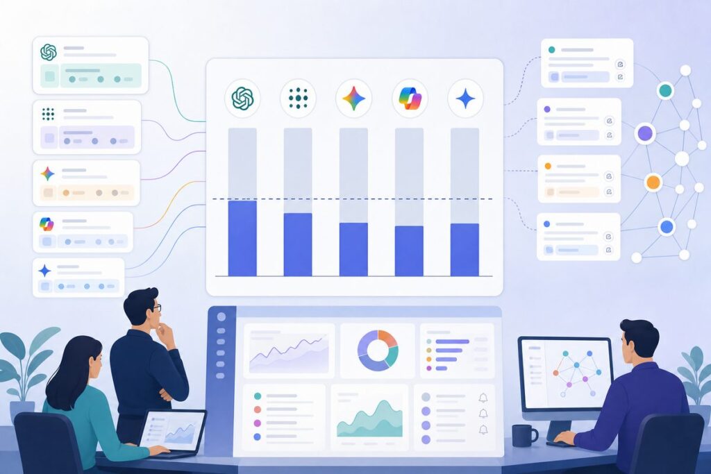 Bar chart of AI engine recommendation overlap showing ChatGPT, Perplexity, Gemini, Copilot, and Google AI Overviews sharing an average of 1.9 of 5 top brand picks
